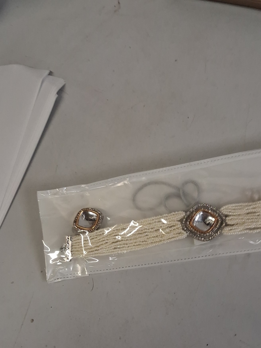 NWT Multistrand White Bead Kundan Choker Necklace And Matching Earrings